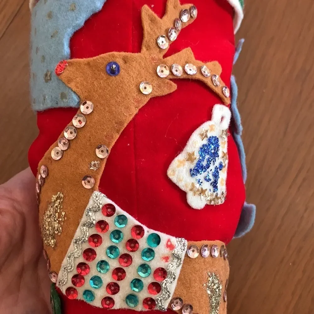 Vtg 60s large red felt hand decorated‎ Christmas stocking